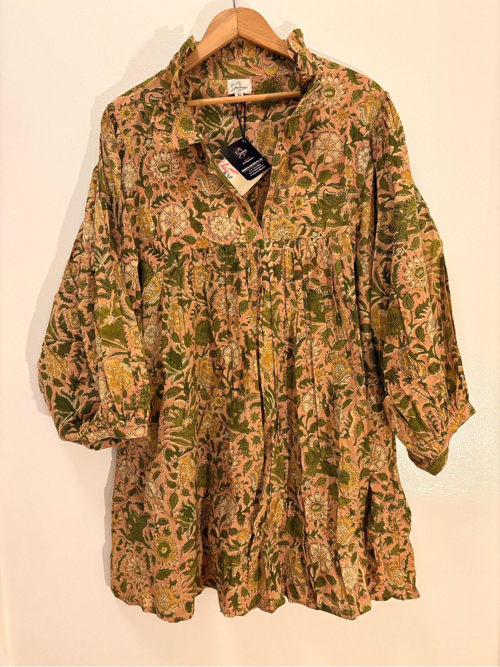 NWT Women’s XL Boho Floral Tunic Dress in Green and Tan Floral